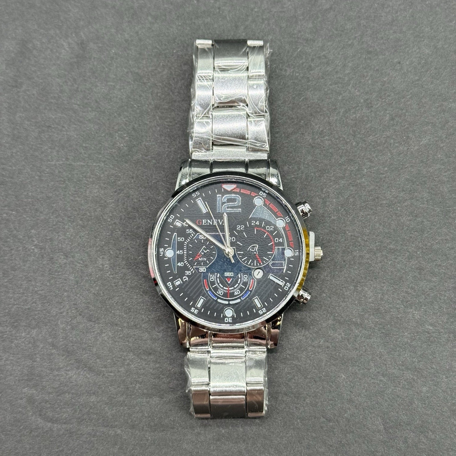 Geneva Mens Black Dial Chronograph Style Watch Black Dial Stainless Steel New